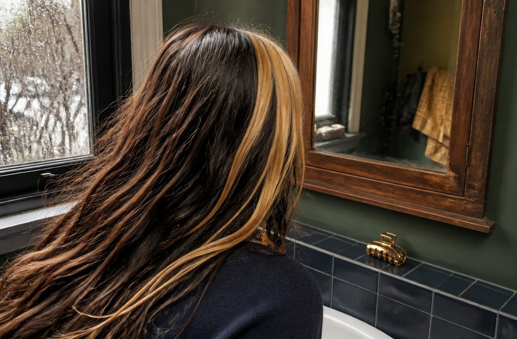 Dark hair with wide blonde streaks and clear contrast between the colors