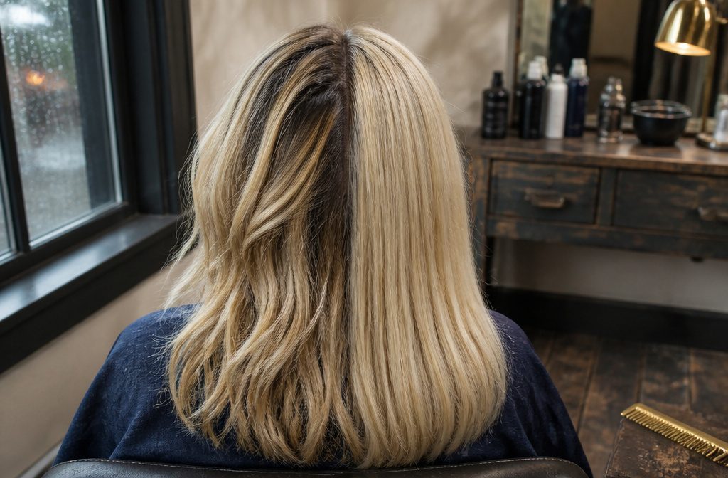 Blonde hair with uniform color beside hair with contrasting lighter strands