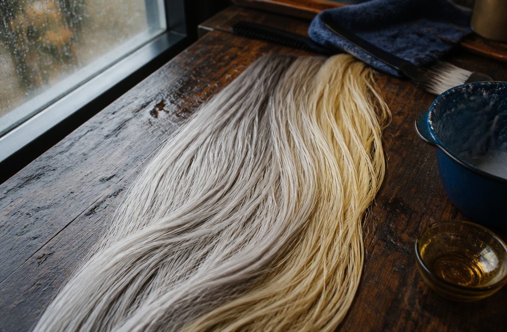 Long cool blonde hair with pearl and silver tones under soft light