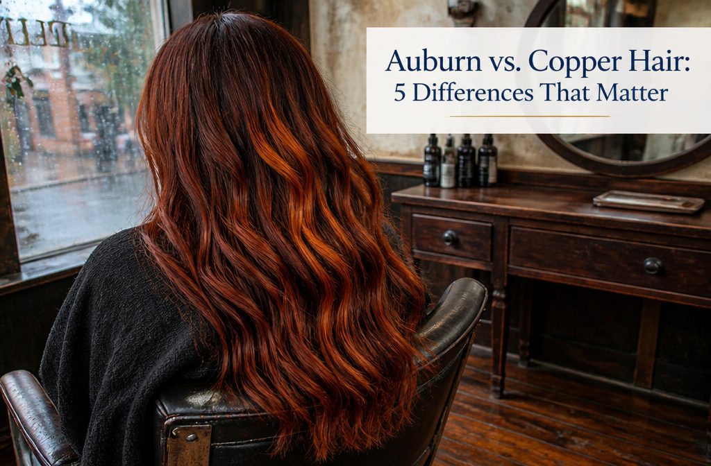 Auburn hair with copper highlights showing red-brown roots and golden strands