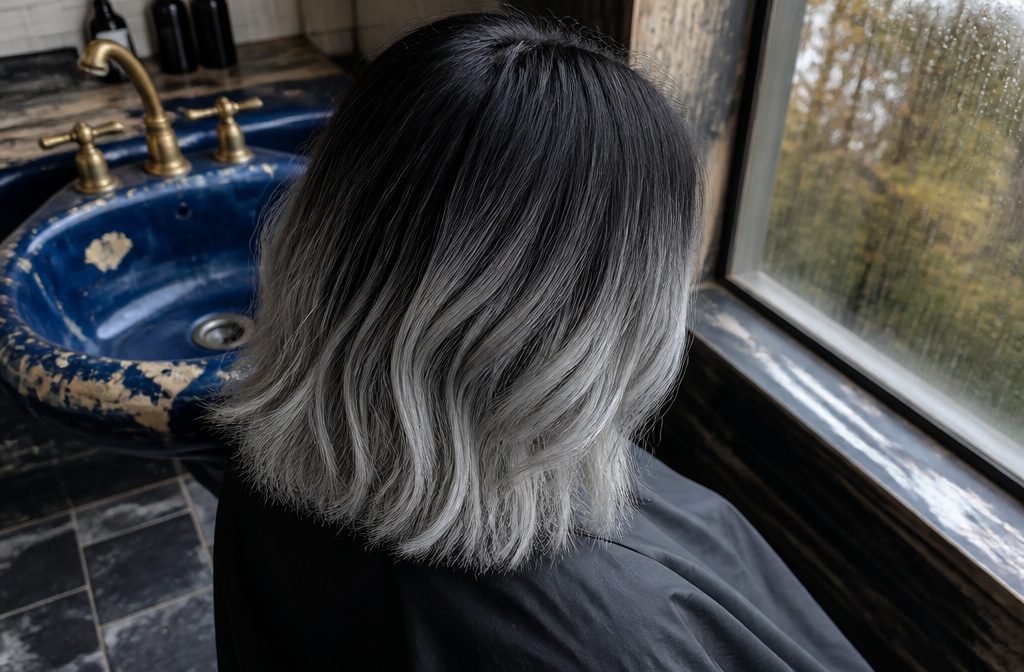 Long black hair fading gradually into silver ends