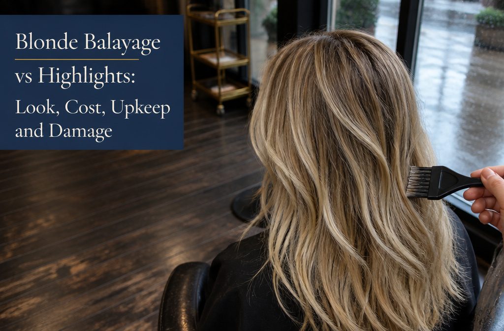 Blonde hair with painted balayage beside brighter foil-highlighted strands