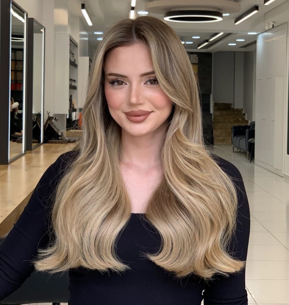 Woman with long wavy blonde hair and warm honey highlights in a salon