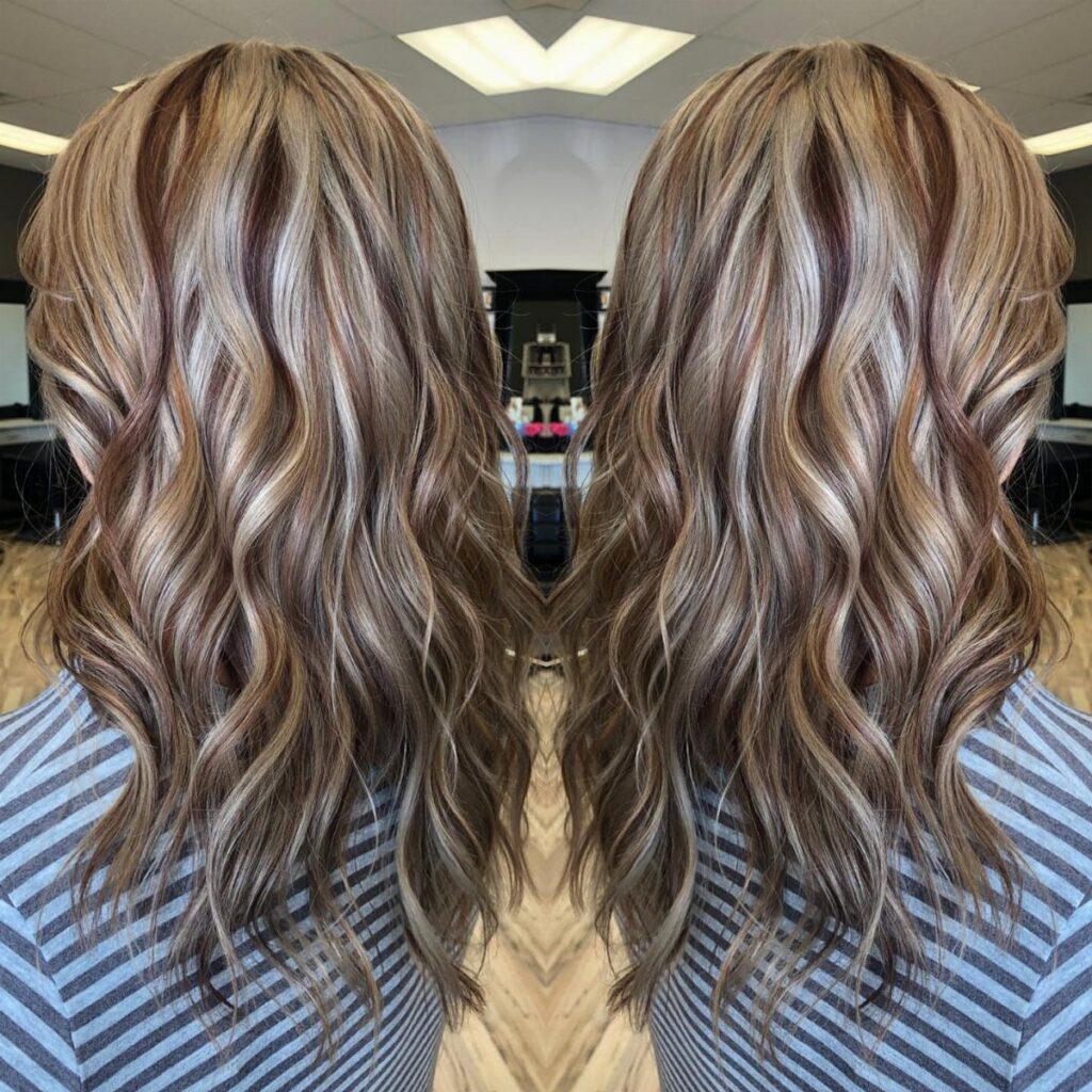 Wavy blonde hair with contrasting highlights and lowlights shown from behind