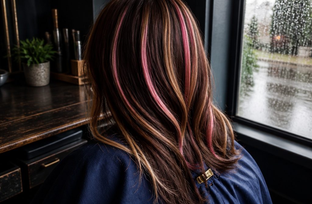 Brown hair with wide blonde streaks framing the face