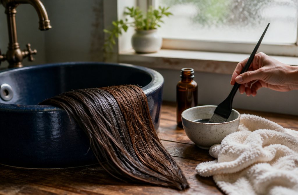 Wavy brown hair with fine lighter highlights and a narrow stripe of light