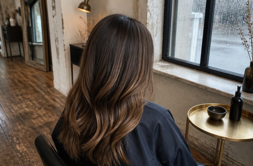 Long brown hair with darker strands tucked beneath lighter waves