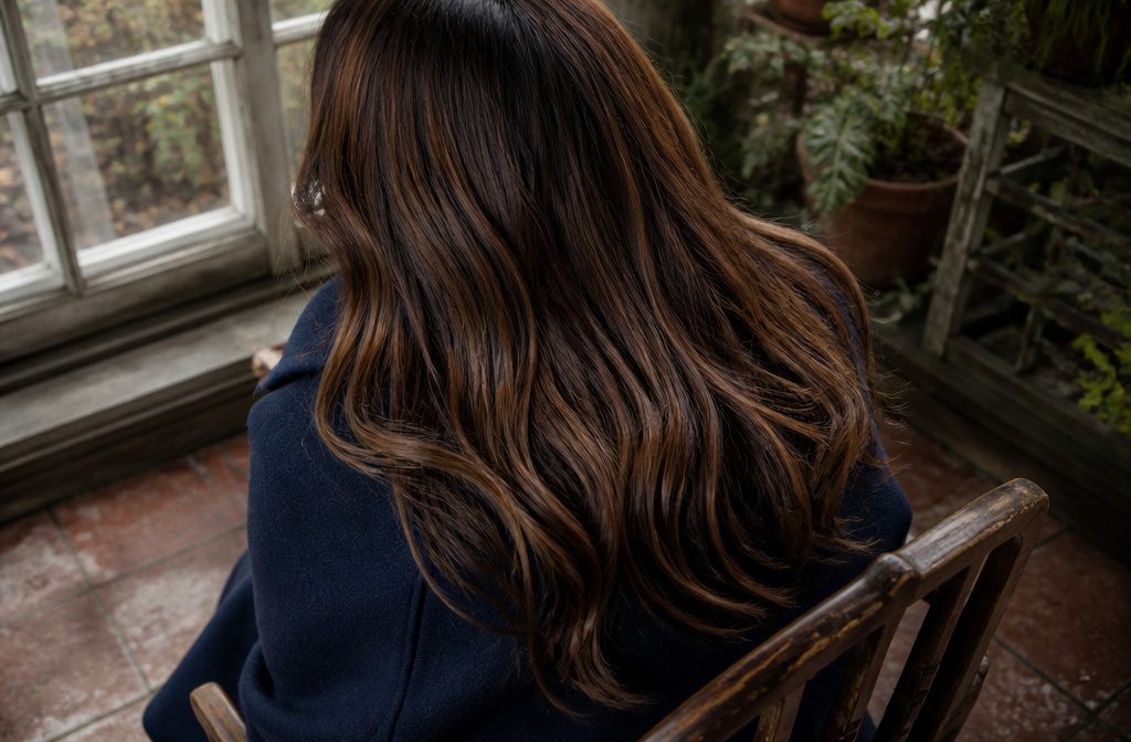 Brown hair with darker lowlights and lighter highlighted strands