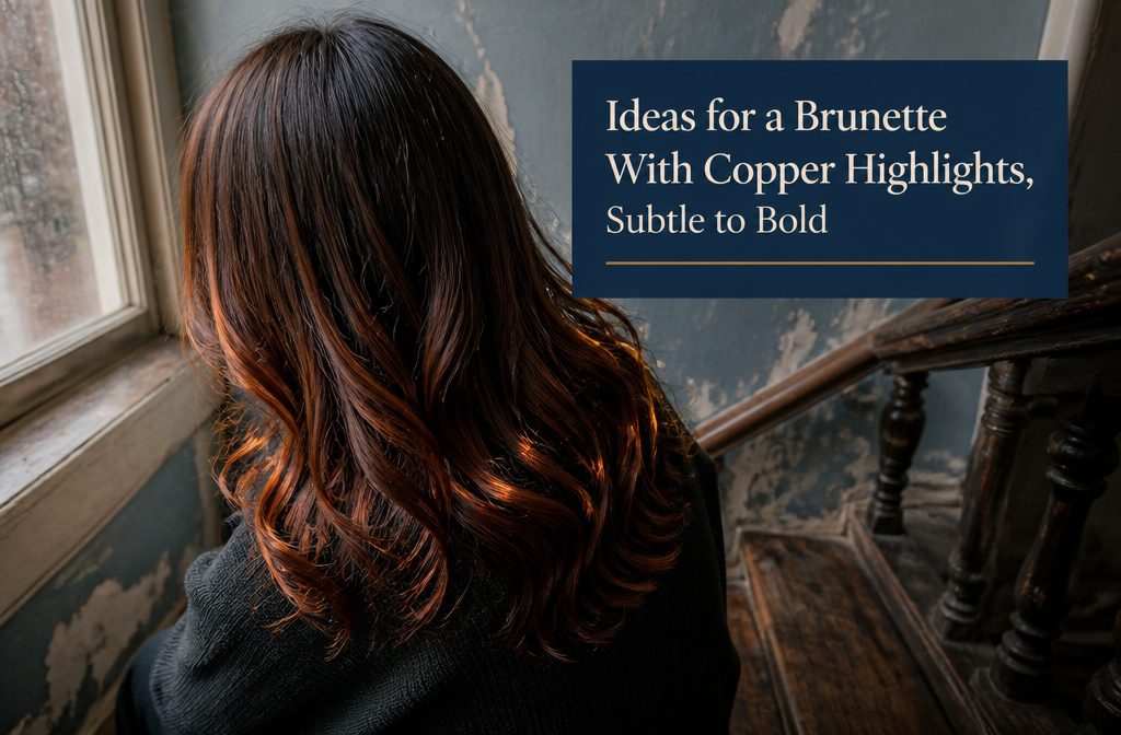 Brunette hair with warm copper highlights catching light through the lengths