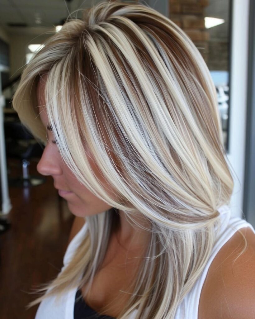 Long layered blonde hair with chunky platinum highlights in a salon