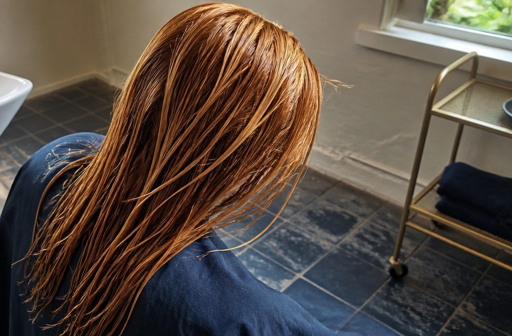 Copper blonde curls with golden highlights reflecting light