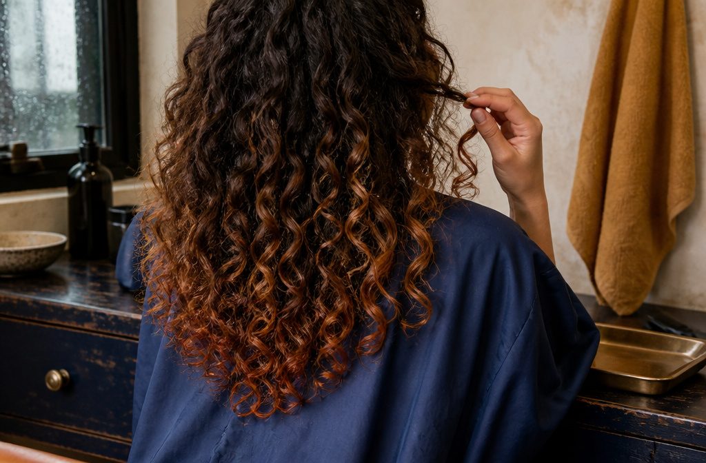 Long curly hair with dark roots fading into lighter ends