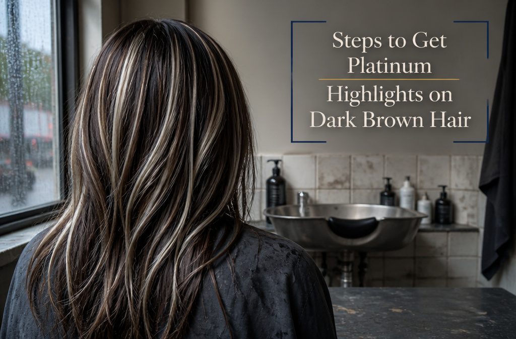 Dark brown hair with bright platinum highlights framing the lengths