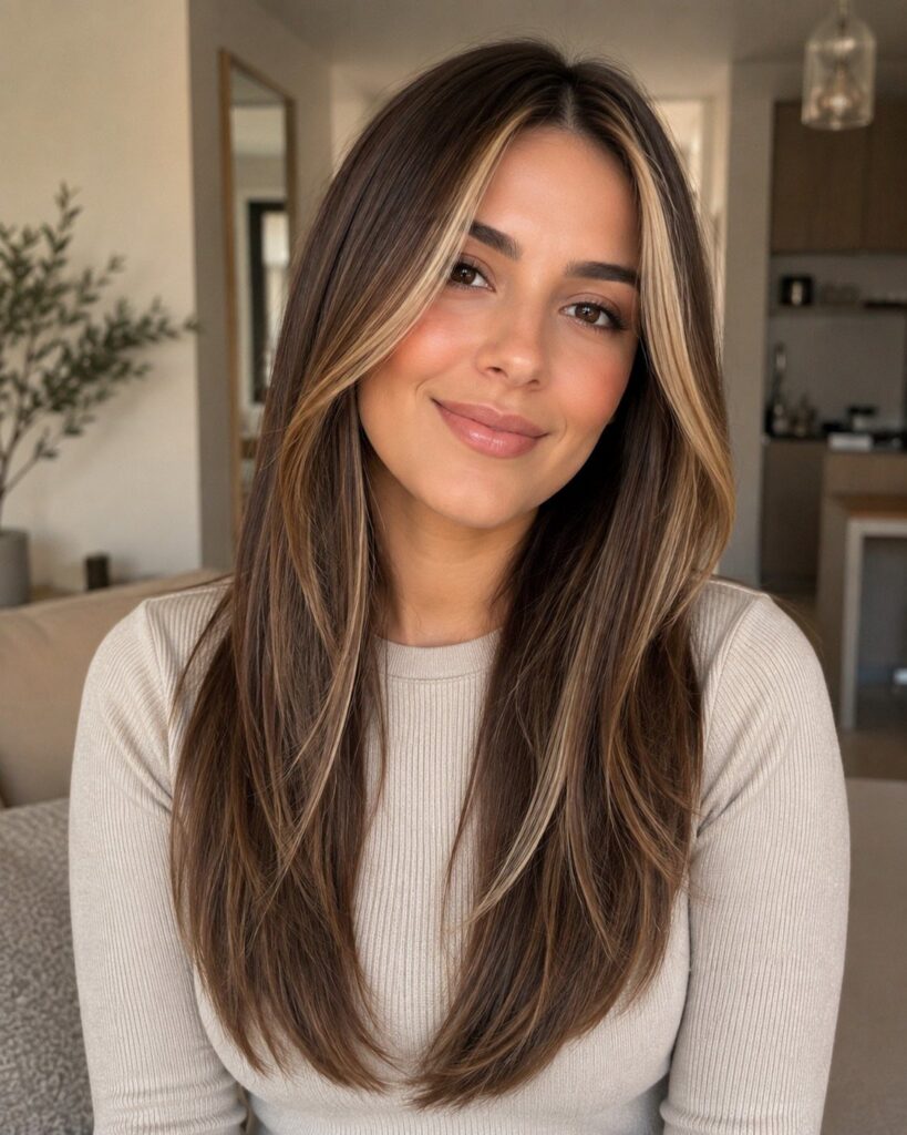 Woman with long dark brown hair and prominent blonde face-framing highlights