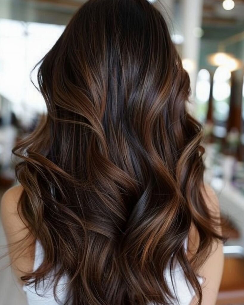 Long dark brunette waves with subtle warm brown highlights in a salon