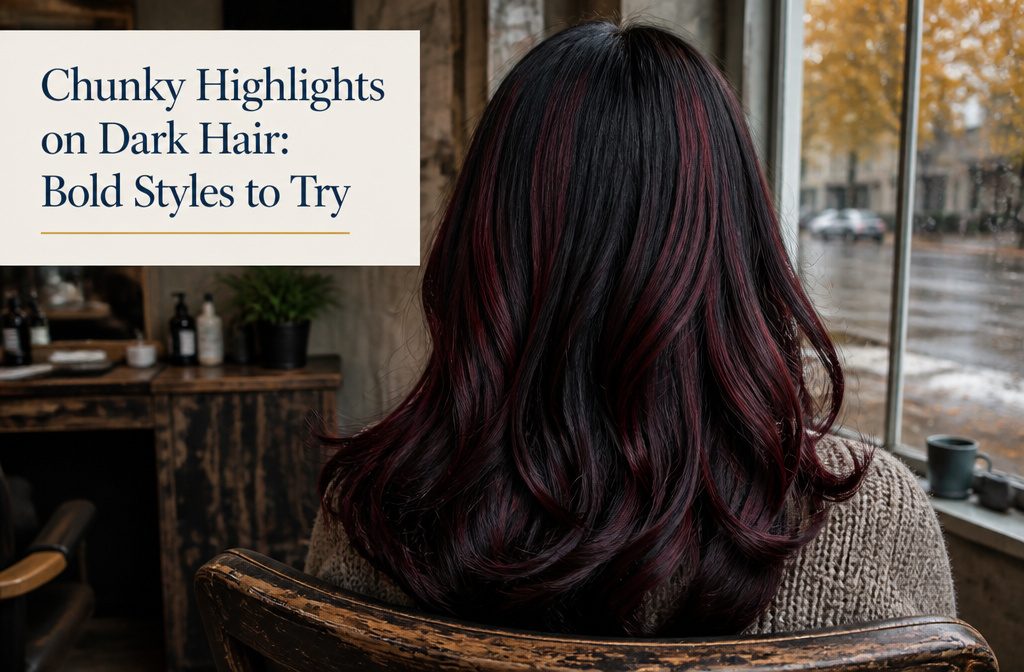 Dark hair with thick contrasting highlight streaks through the top and sides