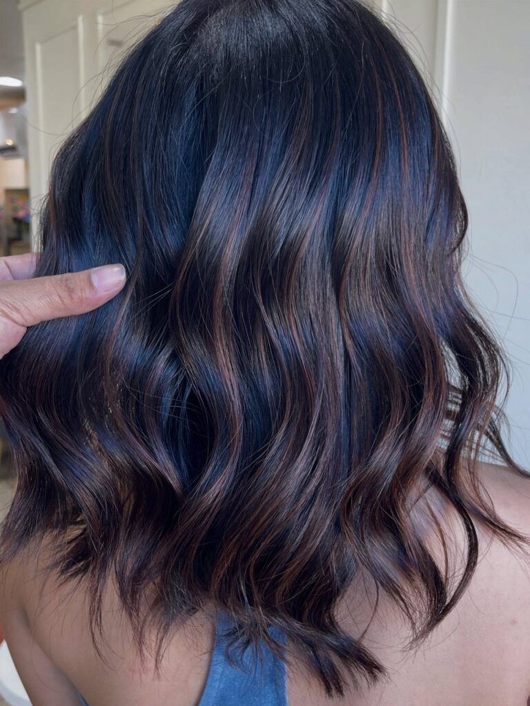 Wavy dark hair with subtle partial brown highlights viewed from the back