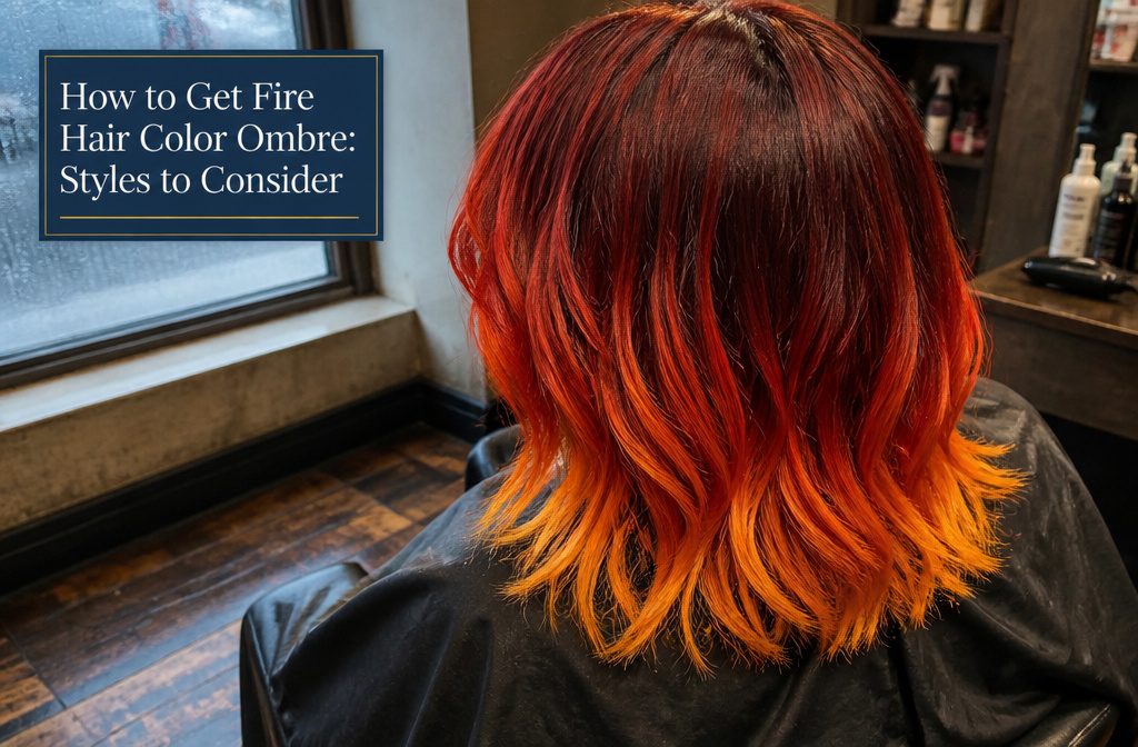 Hair colored in a fire-inspired blend of red orange and yellow