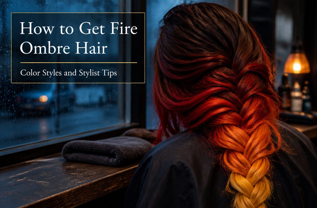 Long hair fading from dark roots through red and orange to yellow ends