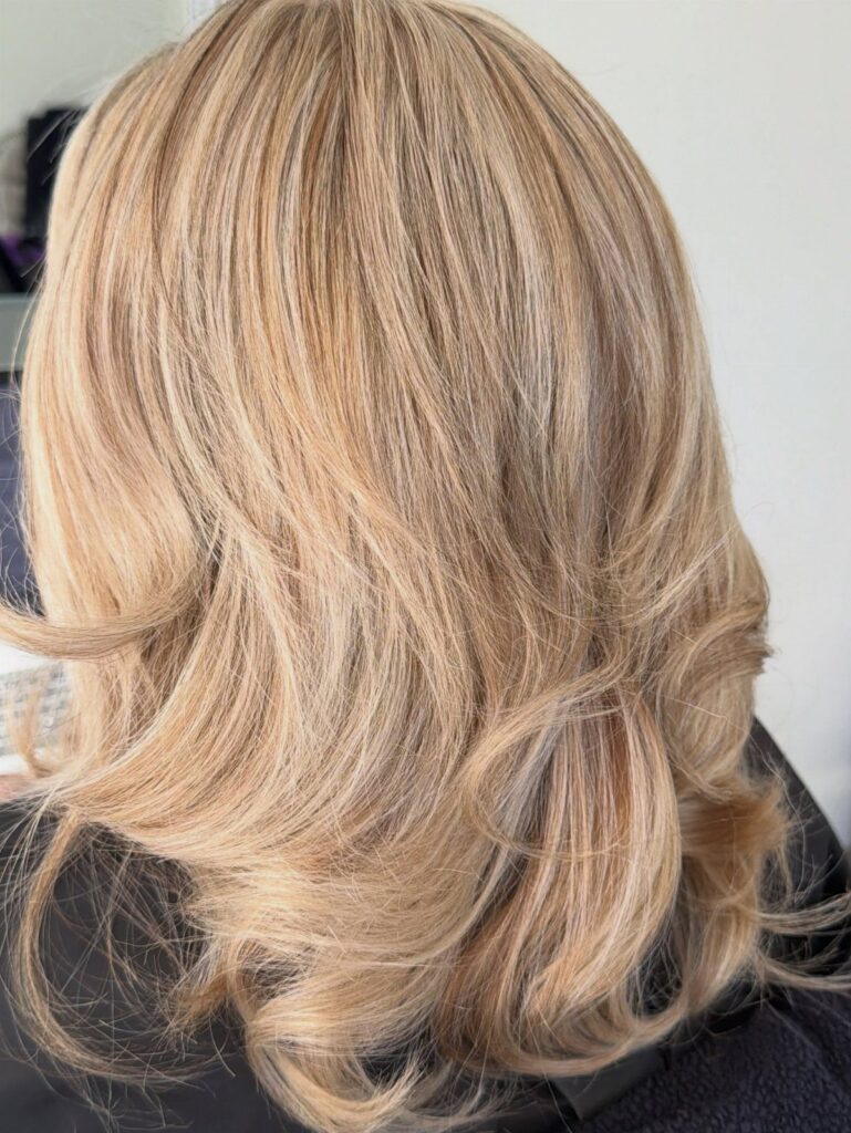 Layered blonde hair with contrasting highlights and lowlights in soft curls