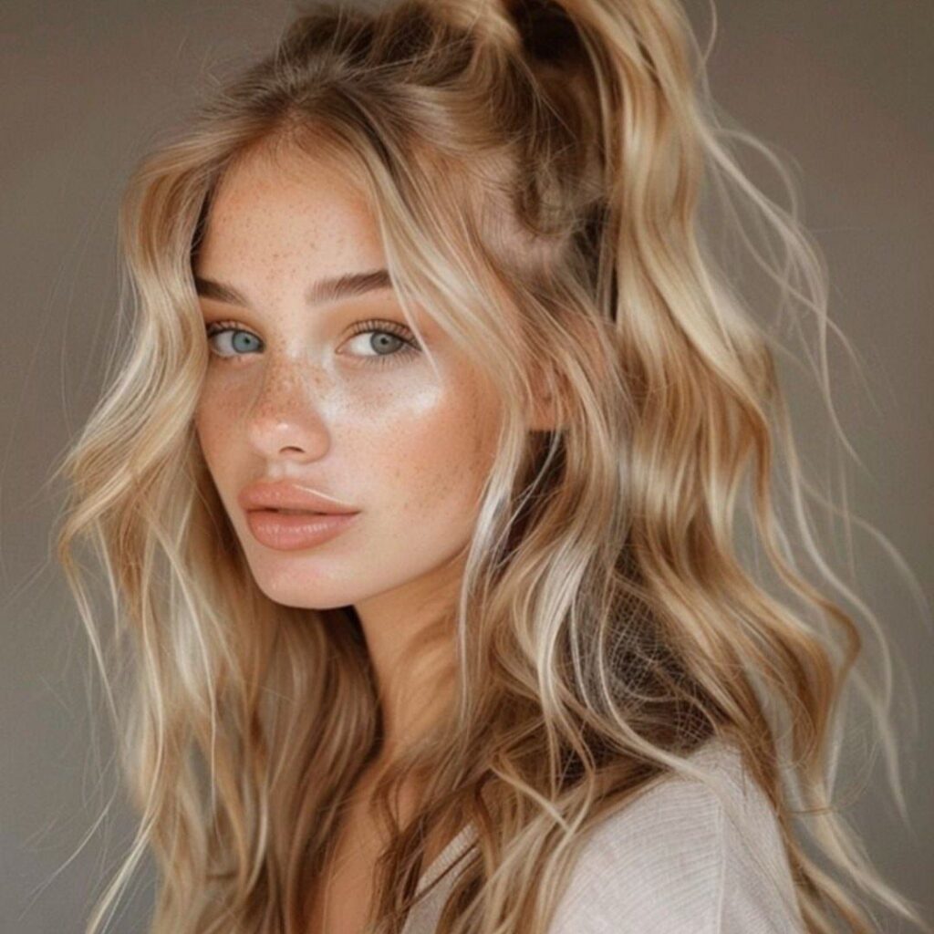 Woman with long wavy light brown hair and blonde highlights against a gray background
