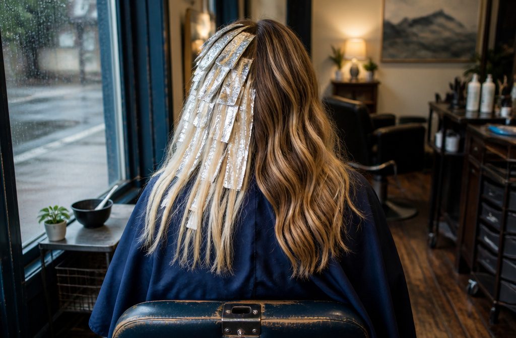 Hair with softly painted balayage beside brighter foil highlights