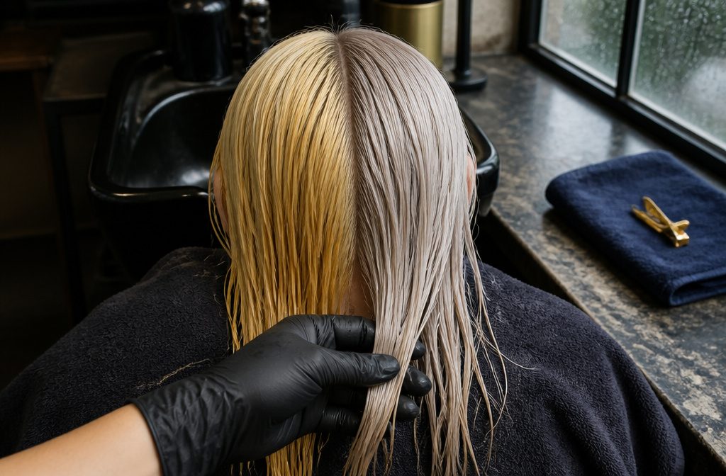 Blonde hair before and after toner with yellow-orange warmth replaced by a cool finish