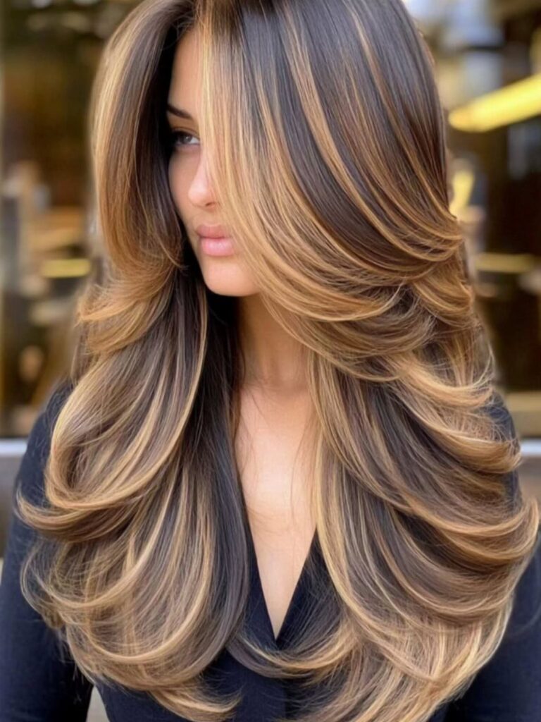 Layered brown hair with sweeping caramel highlights frames a woman's face
