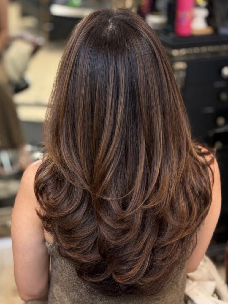 Long brunette hair with subtle highlights styled in glossy layered waves