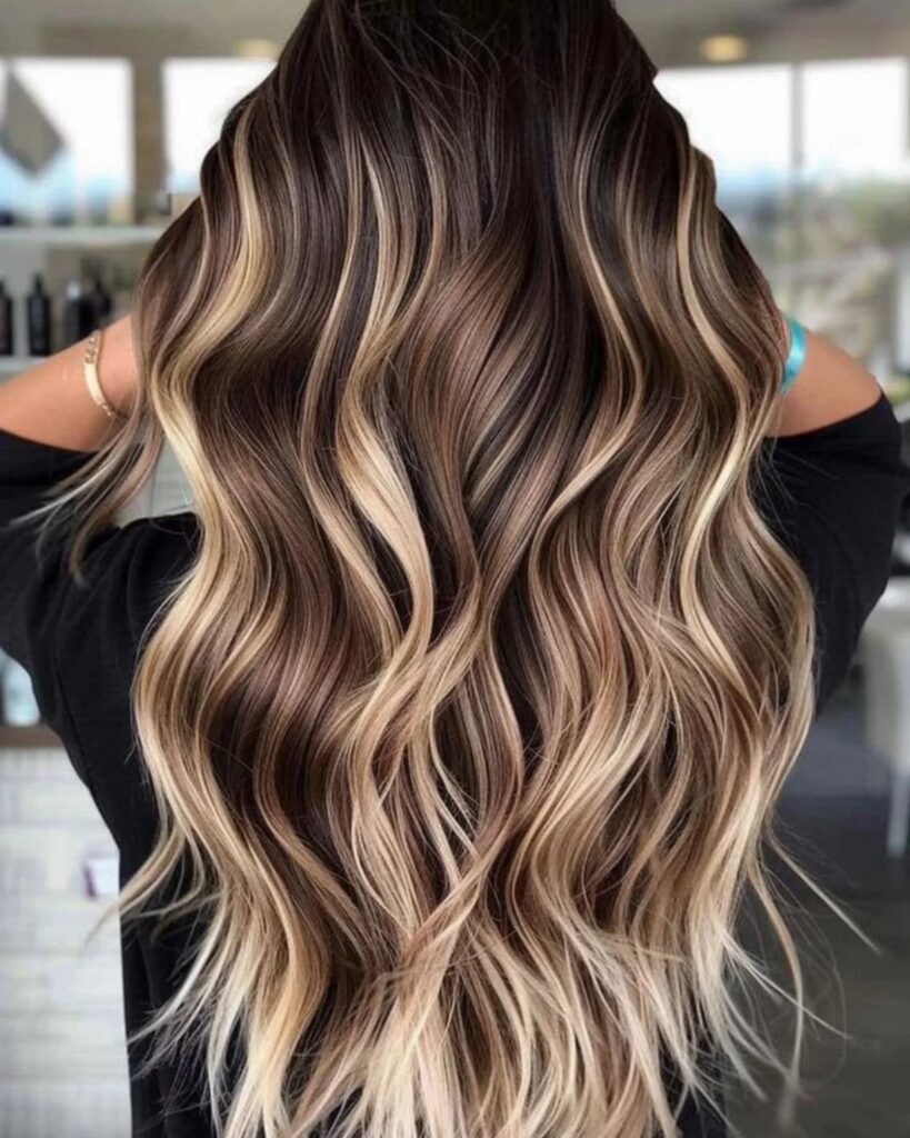 Long wavy blonde hair with honey highlights drapes over a black salon cape