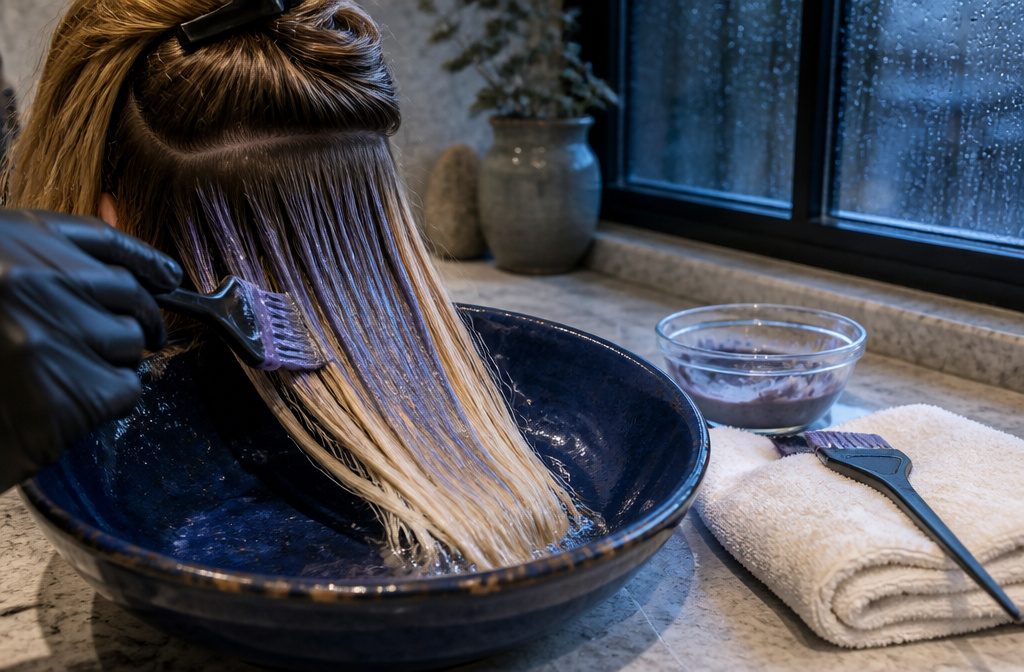 Damp hair beside gloves a toner bottle and a hair application brush