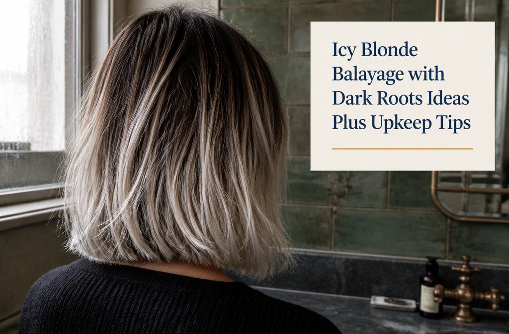 Long icy blonde hair with dark roots and pale balayage ends