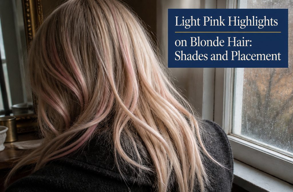 Blonde hair with light pink strands woven through its lengths