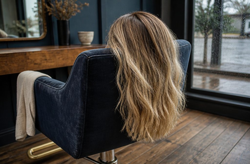 Hair with darker roots fading into bright highlighted lengths