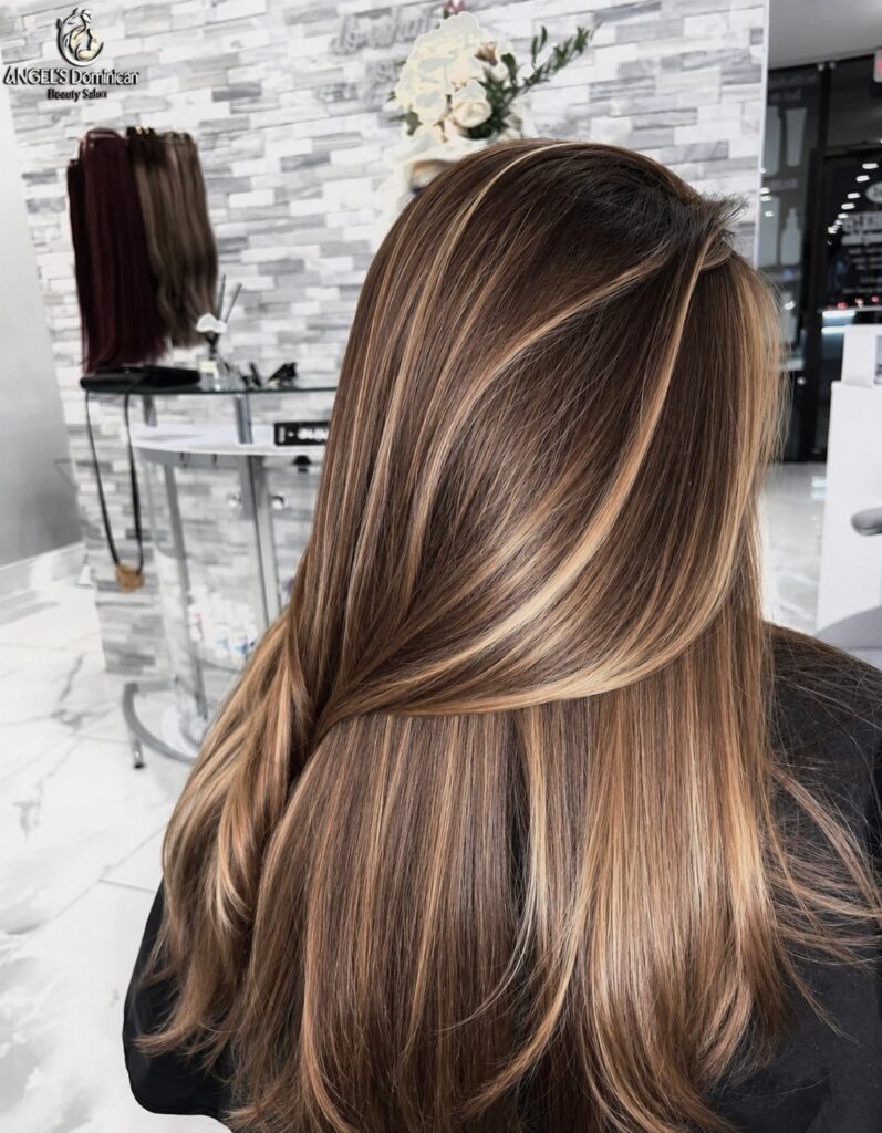 Long brown hair with blonde highlights styled in smooth layers