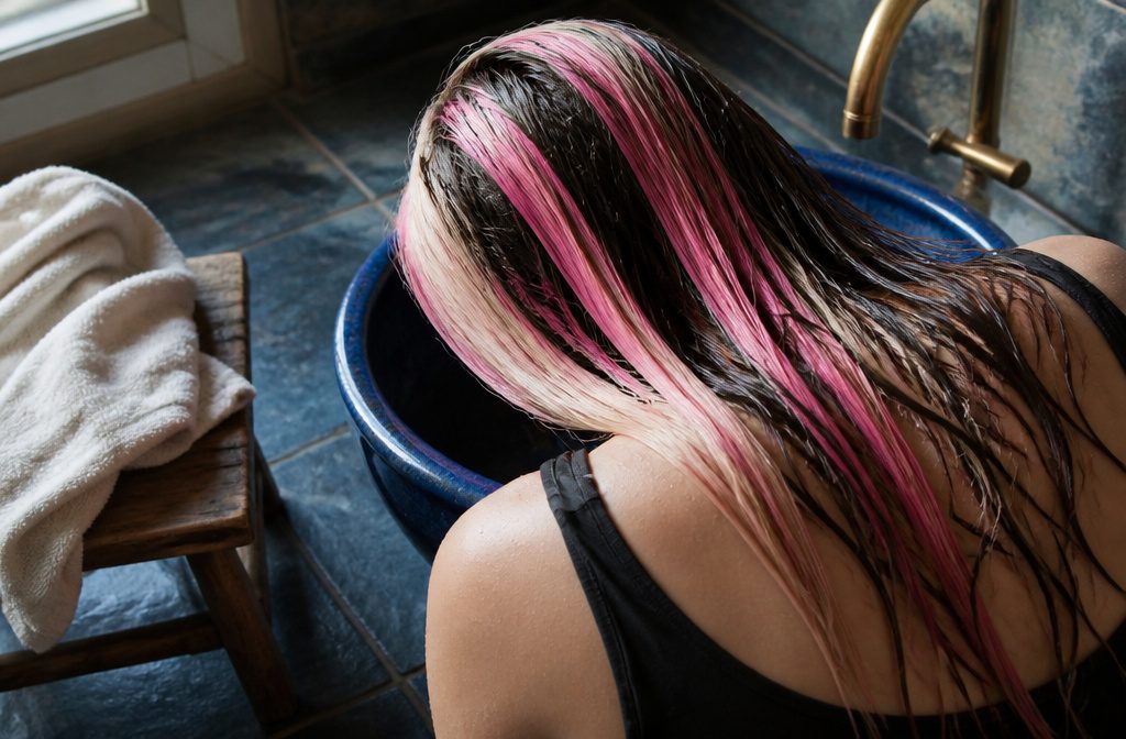 Pink chunky highlights arranged in wide sections through the hair