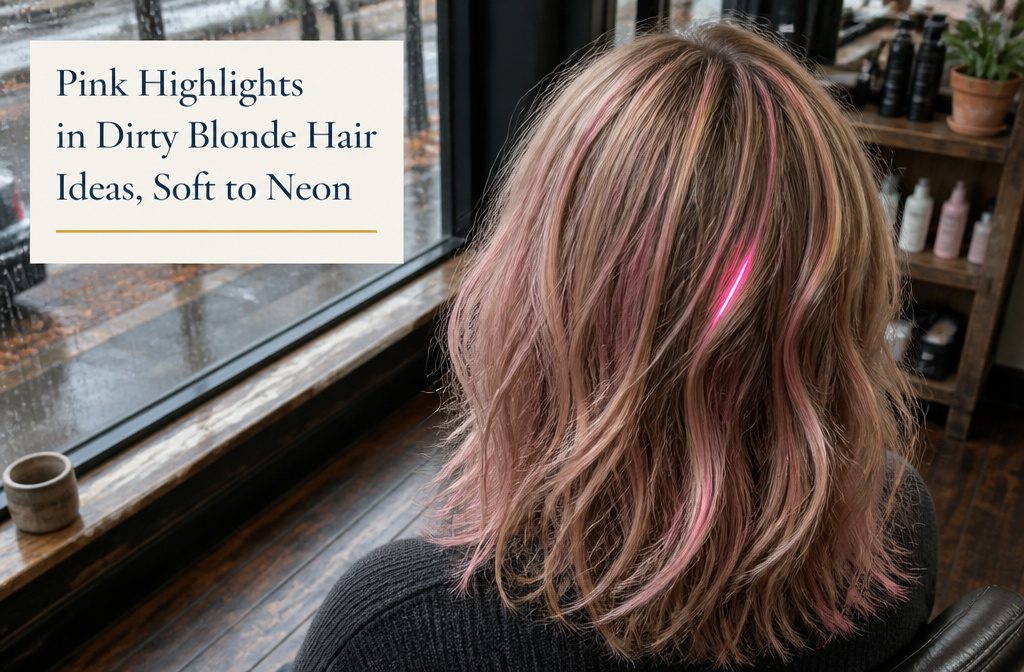 Long dirty blonde hair with pink accents woven through the lengths