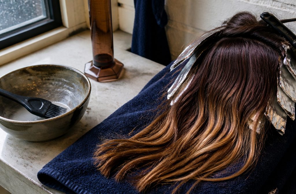 Hair with red-violet lengths, dark natural roots, and caramel highlight ribbons