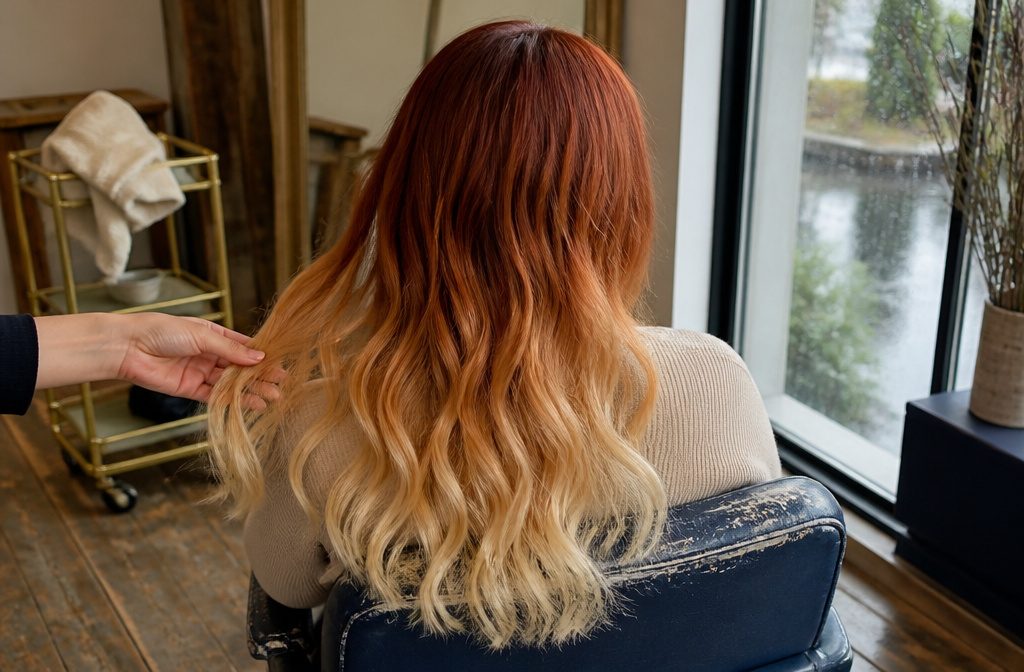 Long hair with deep red roots fading through copper and gold to blonde ends
