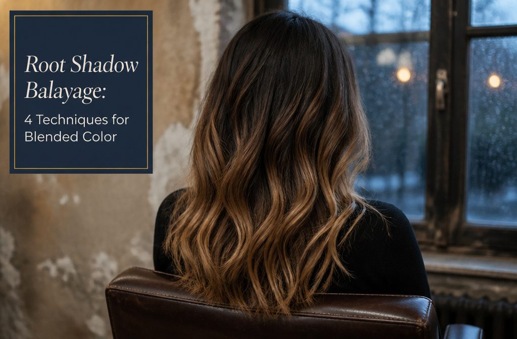 Balayage hair with darker roots blending gradually into lighter ends