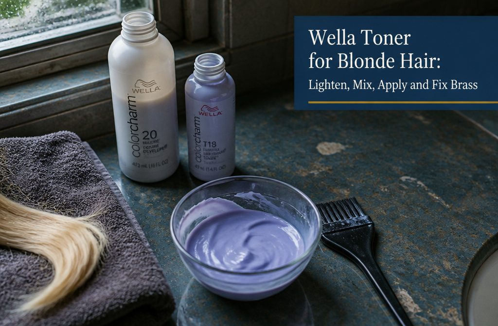 Wella toner bottle beside blonde hair with warm tones