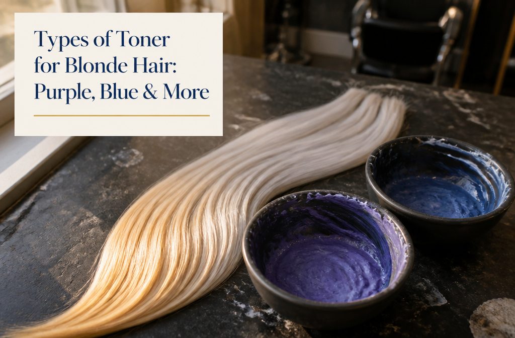 Blonde woman checking her hair in a mirror beside a toner bottle